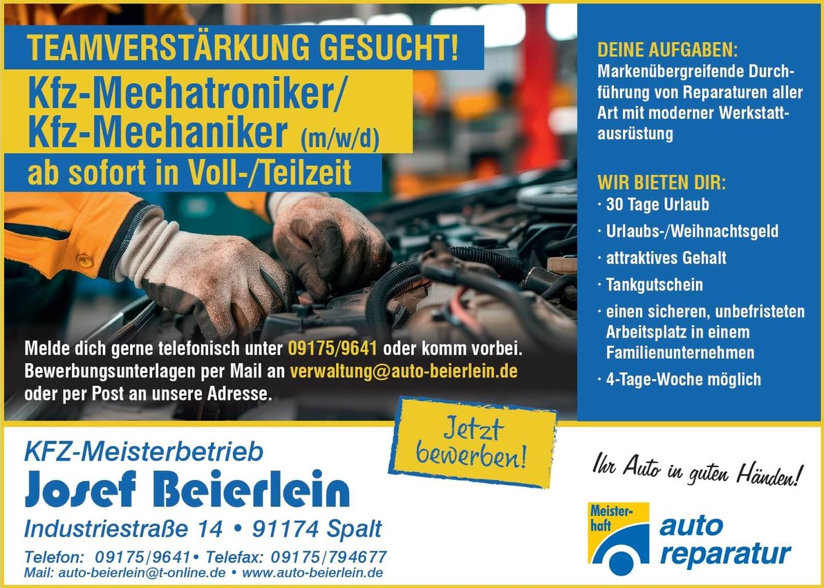 Bild Stellenanzeige zur Stelle Mechatroniker/Mechanicker bei Kfz Beierlein in Spalt