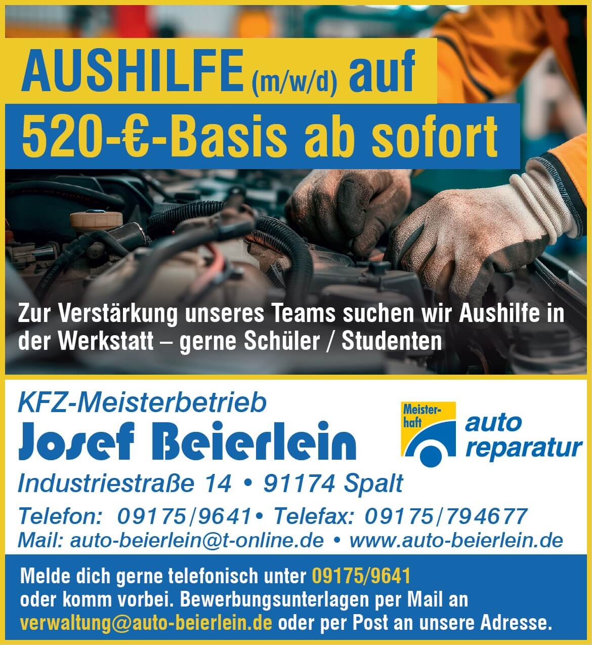 Bild Stellenanzeige zur Stelle Aushilfe bei Kfz Beierlein in Spalt